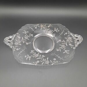 Vintage Manganese Etched Glass Cake Stand/Dessert Plate Floral Design Handles‎